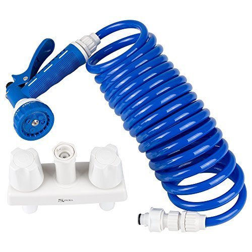 Dura Faucet DF-SA186-WT RV Exterior Quick Connect Spray Faucet w/ Coil Hose & Multi Spray Nozzle (White & Blue) - image 1