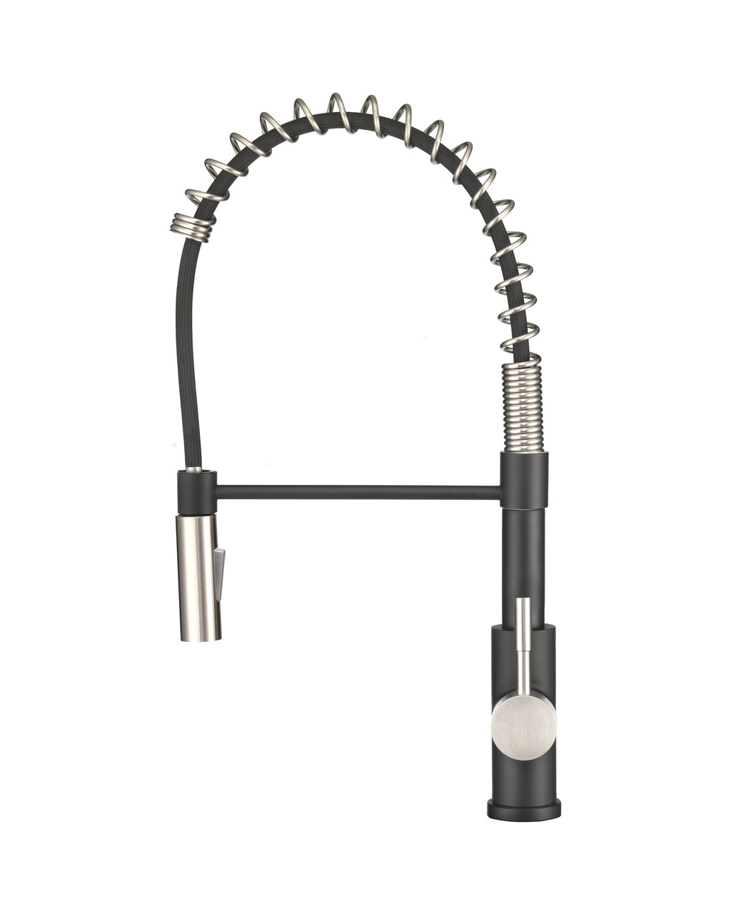 Dura Faucet DF-MK504SLK DF-MK504SLK-MBRG RV Swivel High-Arc Spring Kitchen Sink Faucet - Single Handle - Kitchen Faucet with Pull-Down Sprayer - Optional Deck Plate - Matte Black / Brushed Satin Nickel