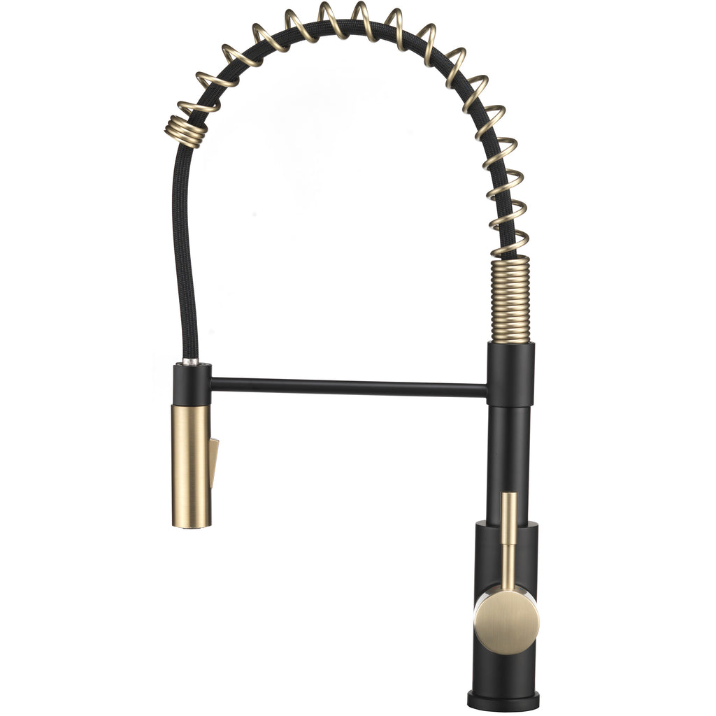 Dura Faucet DF-MK504SLK DF-MK504SLK-MBRG RV Swivel High-Arc Spring Kitchen Sink Faucet - Single Handle - Kitchen Faucet with Pull-Down Sprayer - Optional Deck Plate - Matte Black / Matte Gold