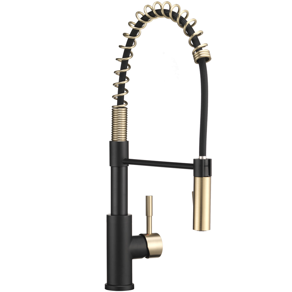 Dura Faucet DF-MK504SLK DF-MK504SLK-MBRG RV Swivel High-Arc Spring Kitchen Sink Faucet - Single Handle - Kitchen Faucet with Pull-Down Sprayer - Optional Deck Plate - Matte Black / Matte Gold