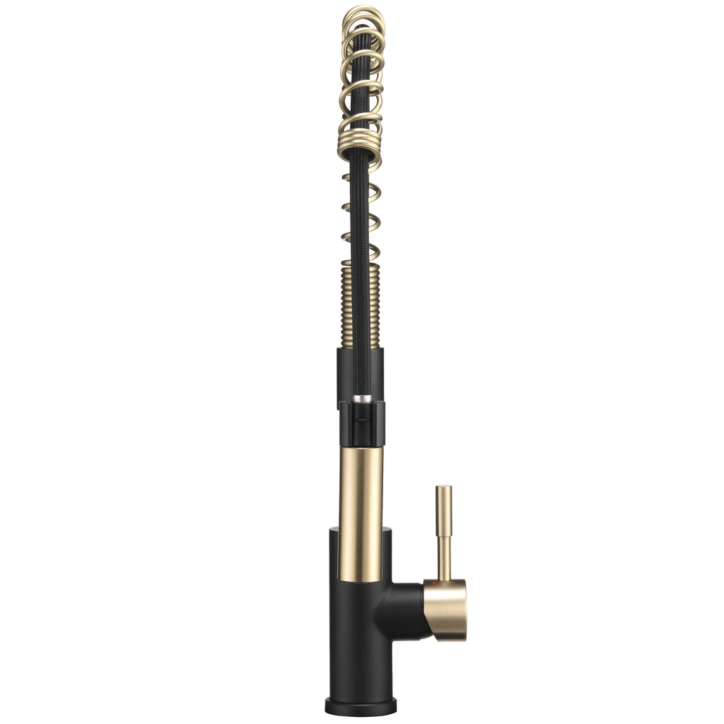 Dura Faucet DF-MK504SLK DF-MK504SLK-MBRG RV Swivel High-Arc Spring Kitchen Sink Faucet - Single Handle - Kitchen Faucet with Pull-Down Sprayer - Optional Deck Plate - Matte Black / Matte Gold