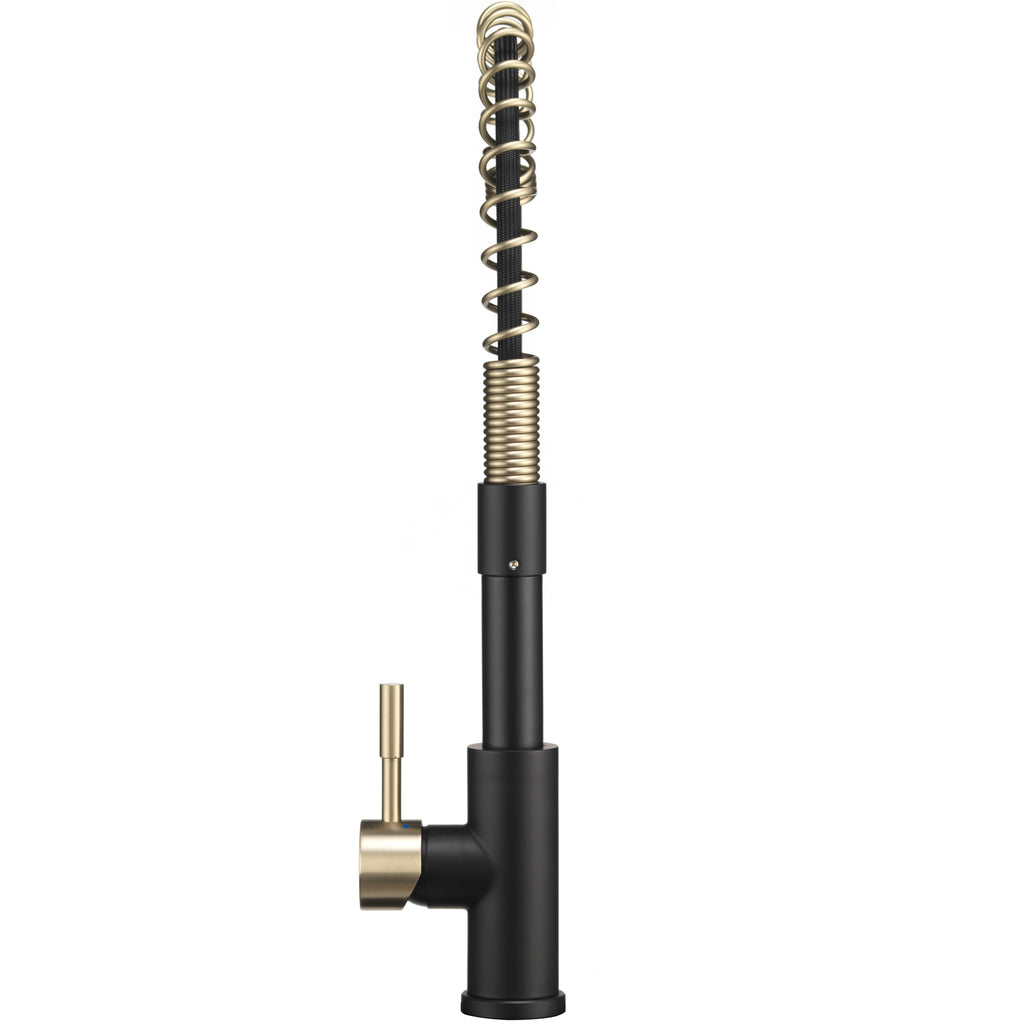 Dura Faucet DF-MK504SLK DF-MK504SLK-MBRG RV Swivel High-Arc Spring Kitchen Sink Faucet - Single Handle - Kitchen Faucet with Pull-Down Sprayer - Optional Deck Plate - Matte Black / Matte Gold