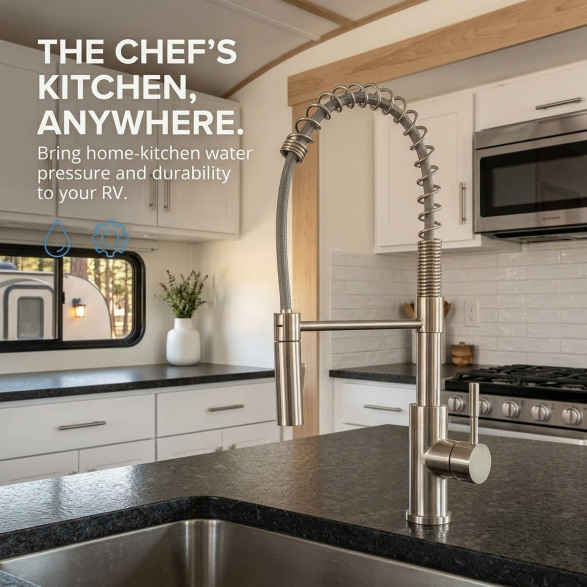 Swivel High-Arc Spring RV Kitchen Faucet with Pull-Down Sprayer (DF-MK504SLK)