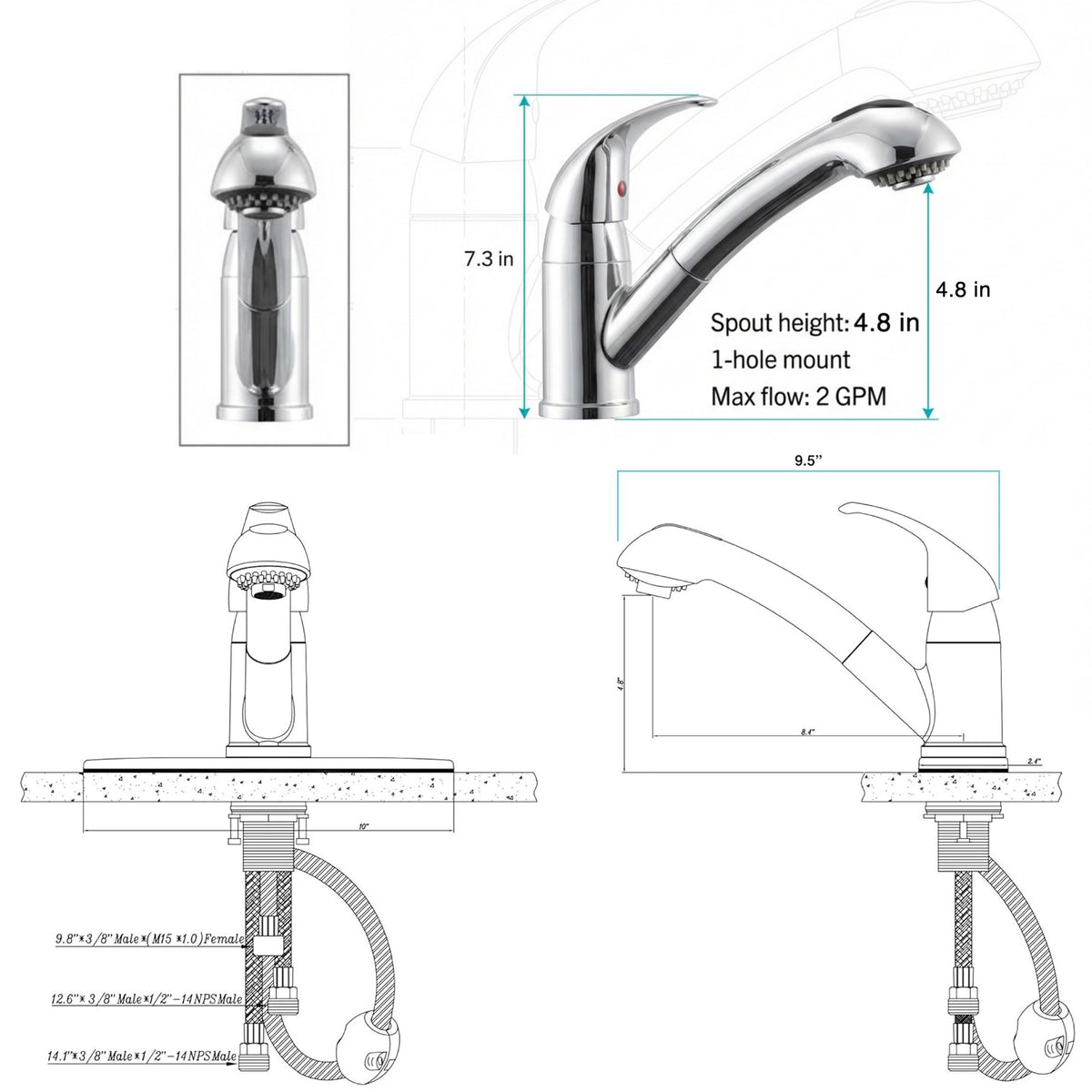 Pull-Out RV Kitchen Faucet with Optional Deck Plate (DF-NMK852)