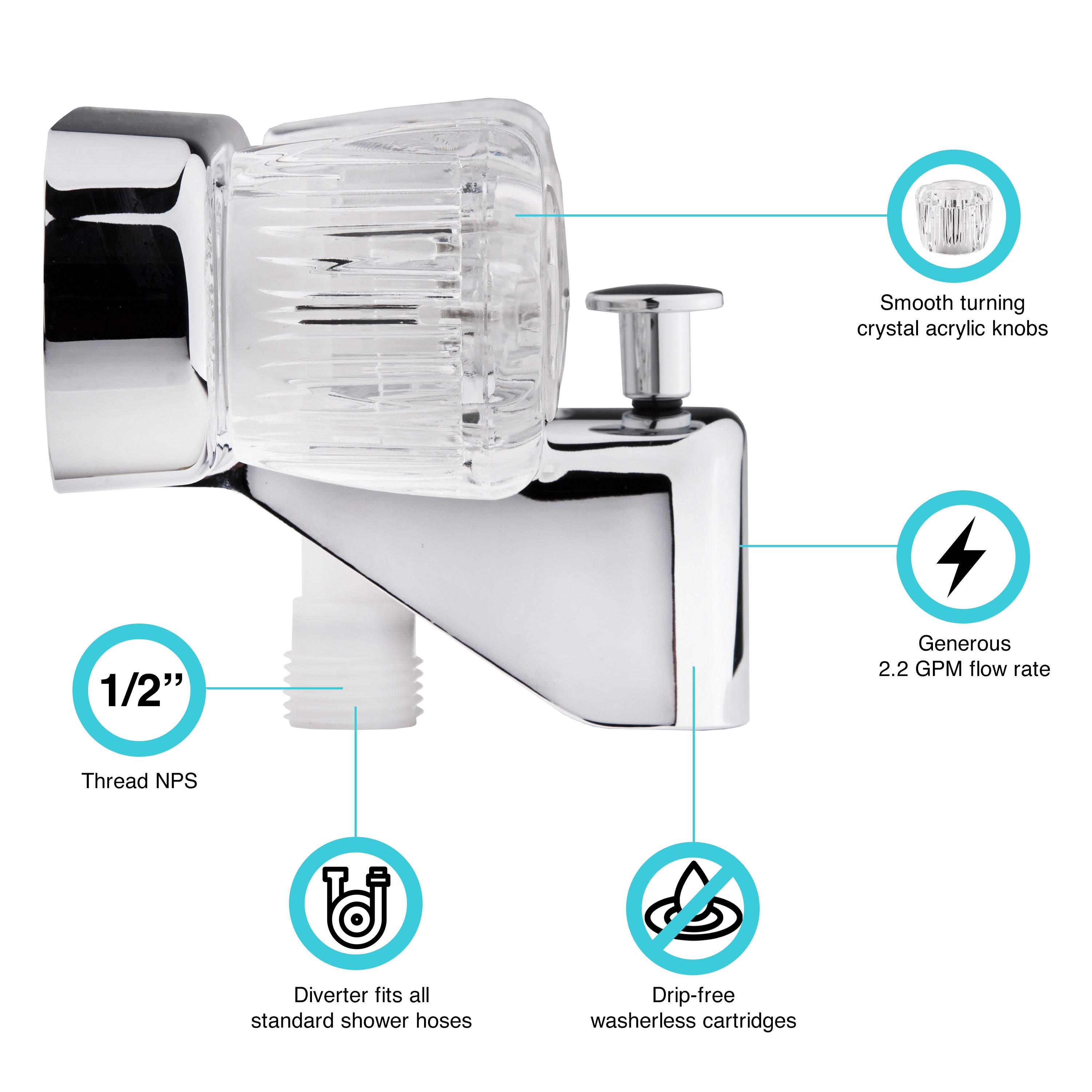Dura Faucet DF-SA110A-CP RV Tub & Shower Diverter Faucet - Clear Knobs - image 2