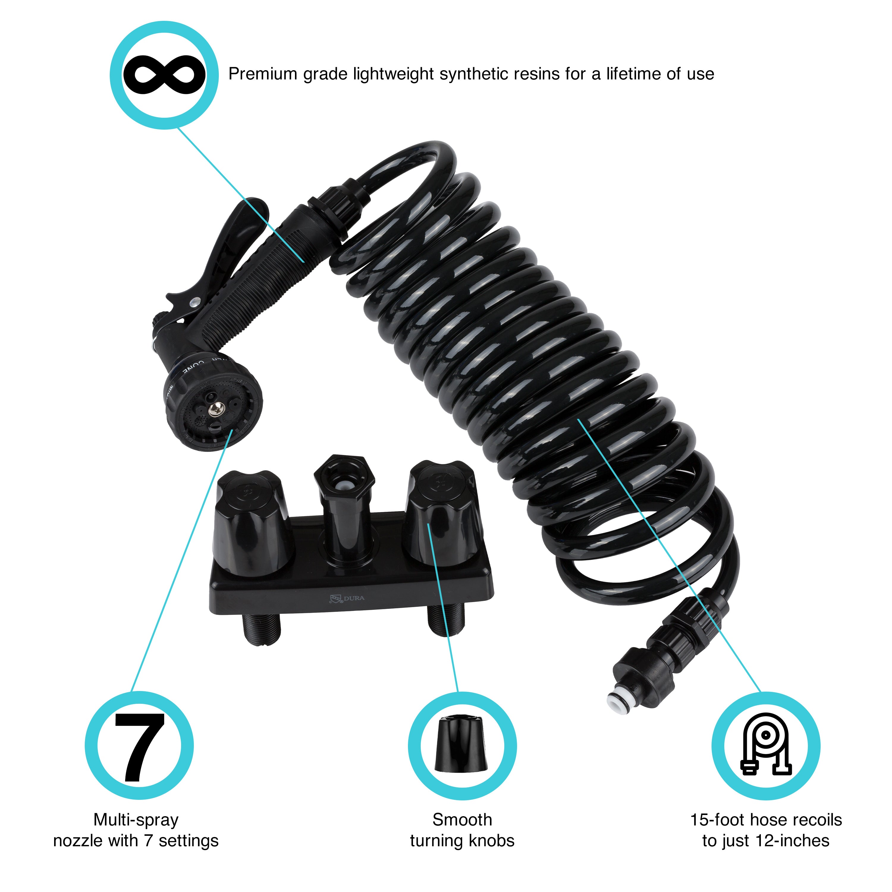 Dura Faucet DF-SA186-BK RV Exterior Quick Connect Spray Faucet w/ Coil Hose & Multi Spray Nozzle (Black) - image 2