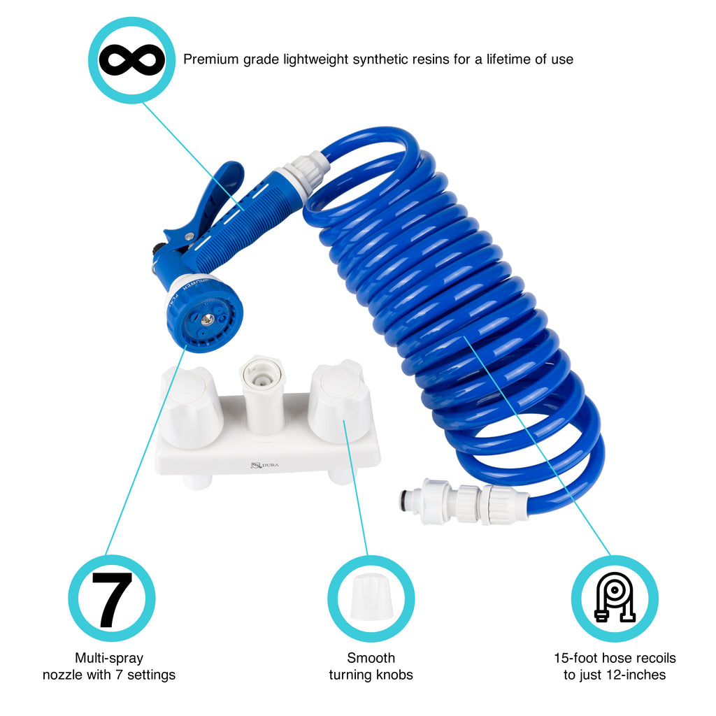 Dura Faucet DF-SA186-WT RV Exterior Quick Connect Spray Faucet w/ Coil Hose & Multi Spray Nozzle (White & Blue) - image 2