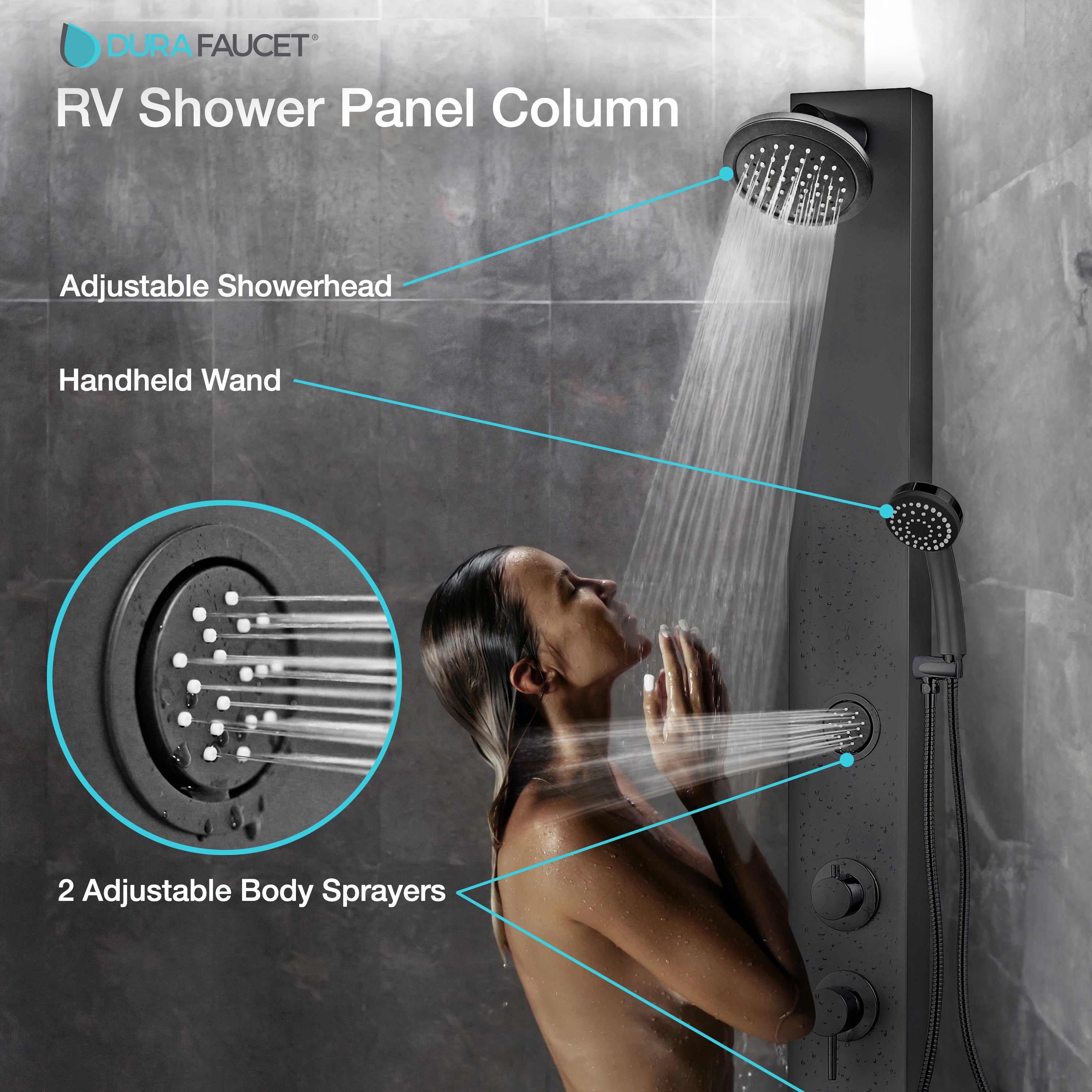 Dura Faucet DF-SA913-MB RV Shower Panel Column – 4 Spray Options – Adjustable Body Sprayers & Handheld Wand – Easy Install with Water-Saving RV Shower System - image 3