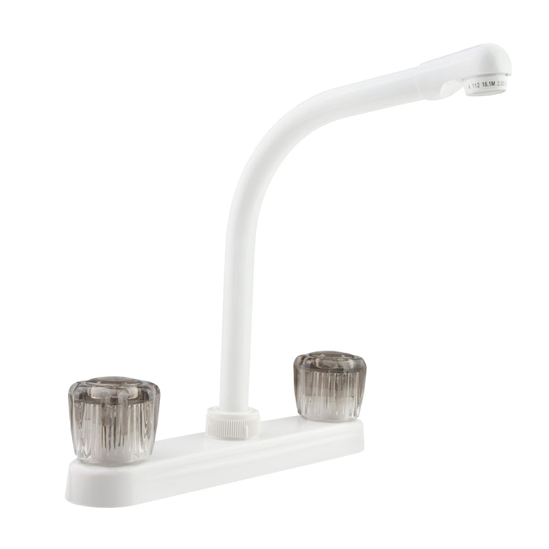 Dura Faucet DF-PK210S Hi-Rise RV Kitchen Faucet - Smoked Knobs - White