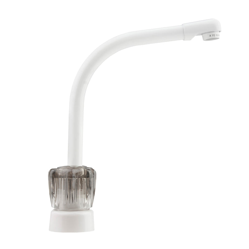 Dura Faucet DF-PK210S Hi-Rise RV Kitchen Faucet - Smoked Knobs - White
